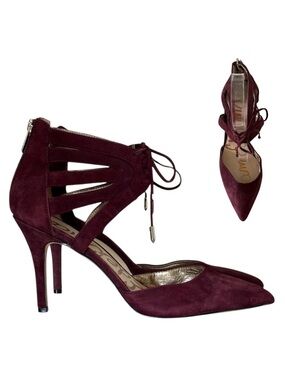 Sam Edelman Burgundy Suede Lace Up Caged Pointed Toe Pumps Heels US 9M EUR 40